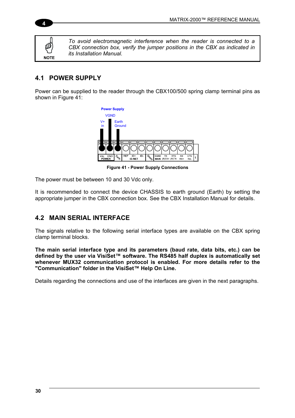 Power supply, Main serial interface, 1 power supply | 2 main serial interface | Datalogic Scanning Compact 2D Reader Matrix-2000 User Manual | Page 40 / 108