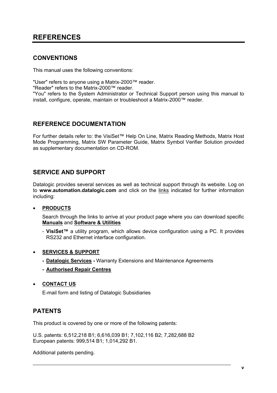 References, Conventions, Reference documentation | Service and support, Patents | Datalogic Scanning Compact 2D Reader Matrix-2000 User Manual | Page 5 / 108