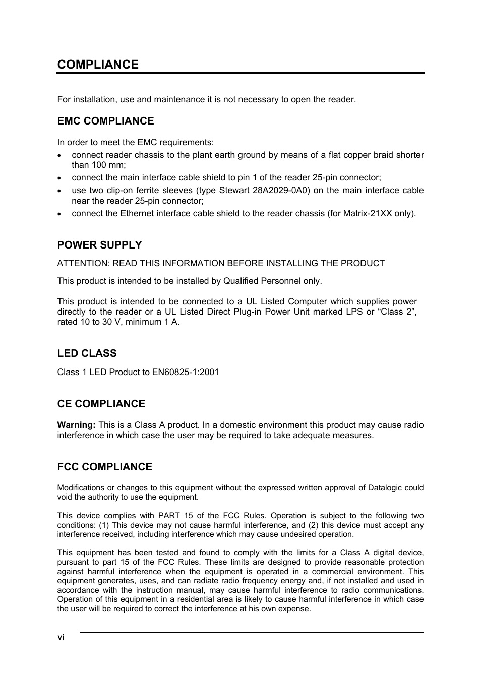 Compliance, Emc compliance, Power supply | Led class, Ce compliance, Fcc compliance | Datalogic Scanning Compact 2D Reader Matrix-2000 User Manual | Page 6 / 108