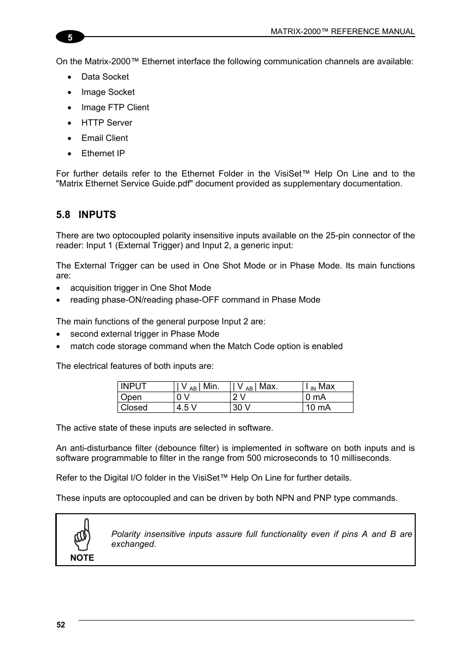 Inputs, 8 inputs | Datalogic Scanning Compact 2D Reader Matrix-2000 User Manual | Page 62 / 108