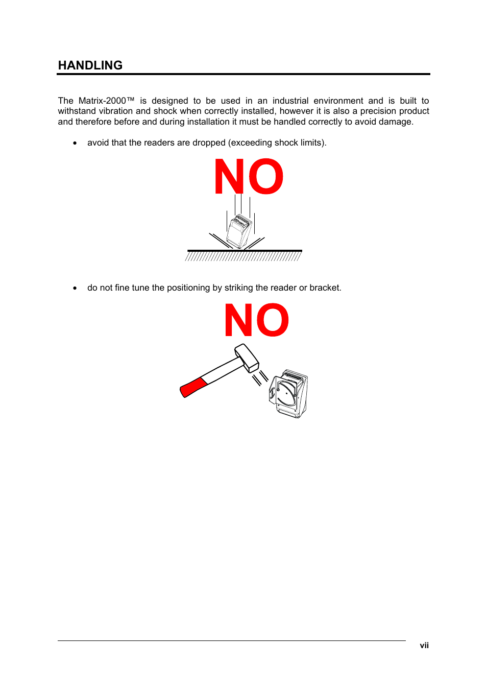 Handling | Datalogic Scanning Compact 2D Reader Matrix-2000 User Manual | Page 7 / 108