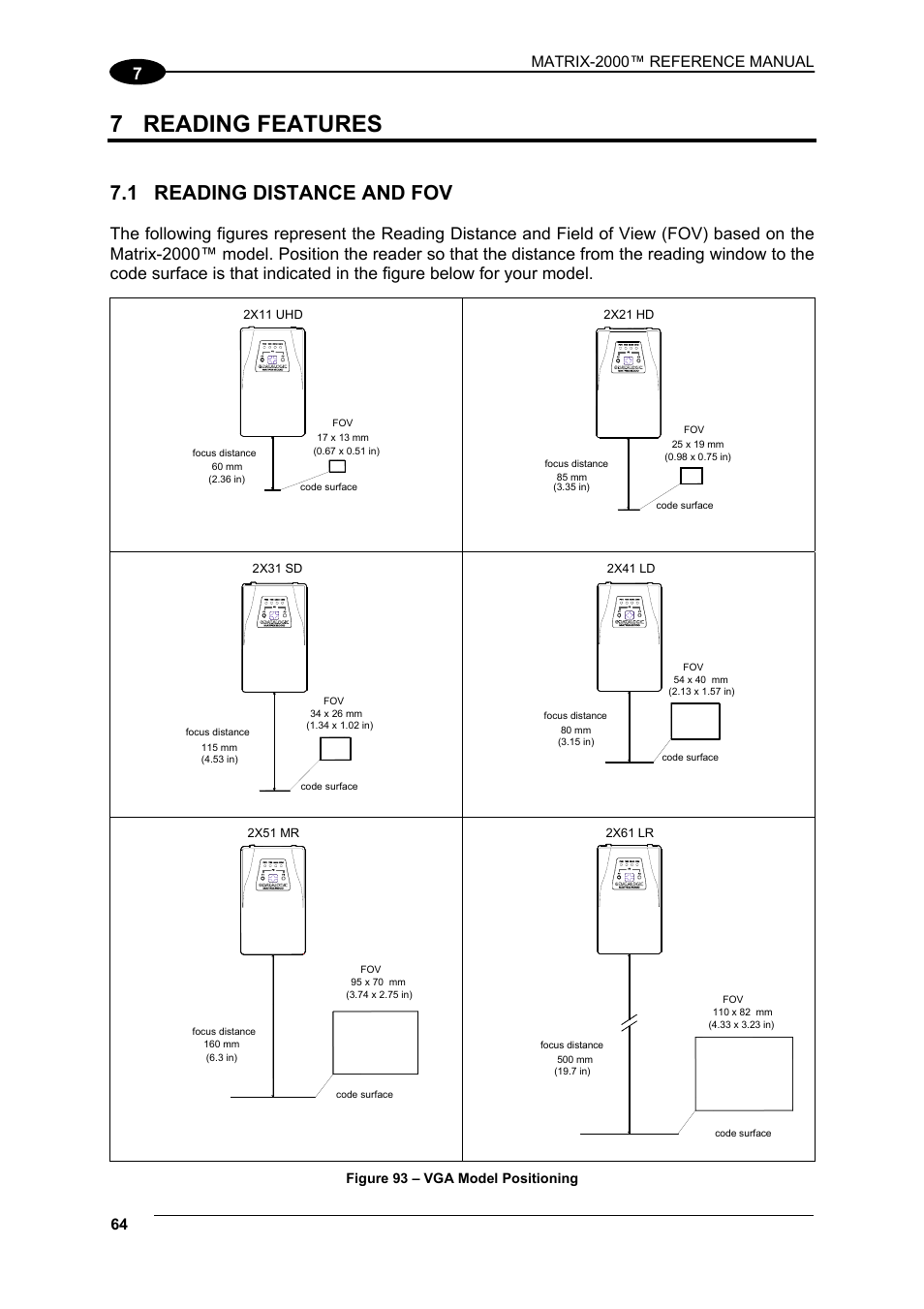 Reading features, Reading distance and fov, 7 reading features | 1 reading distance and fov, Matrix-2000™ reference manual | Datalogic Scanning Compact 2D Reader Matrix-2000 User Manual | Page 74 / 108