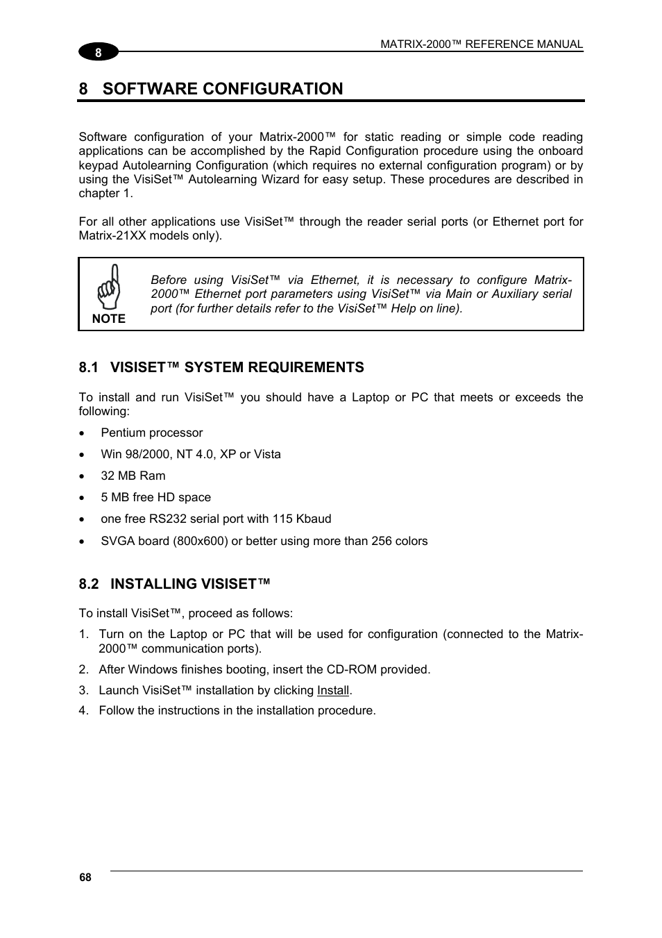 Software configuration, Visiset™ system requirements, Installing visiset | 8 software configuration | Datalogic Scanning Compact 2D Reader Matrix-2000 User Manual | Page 78 / 108