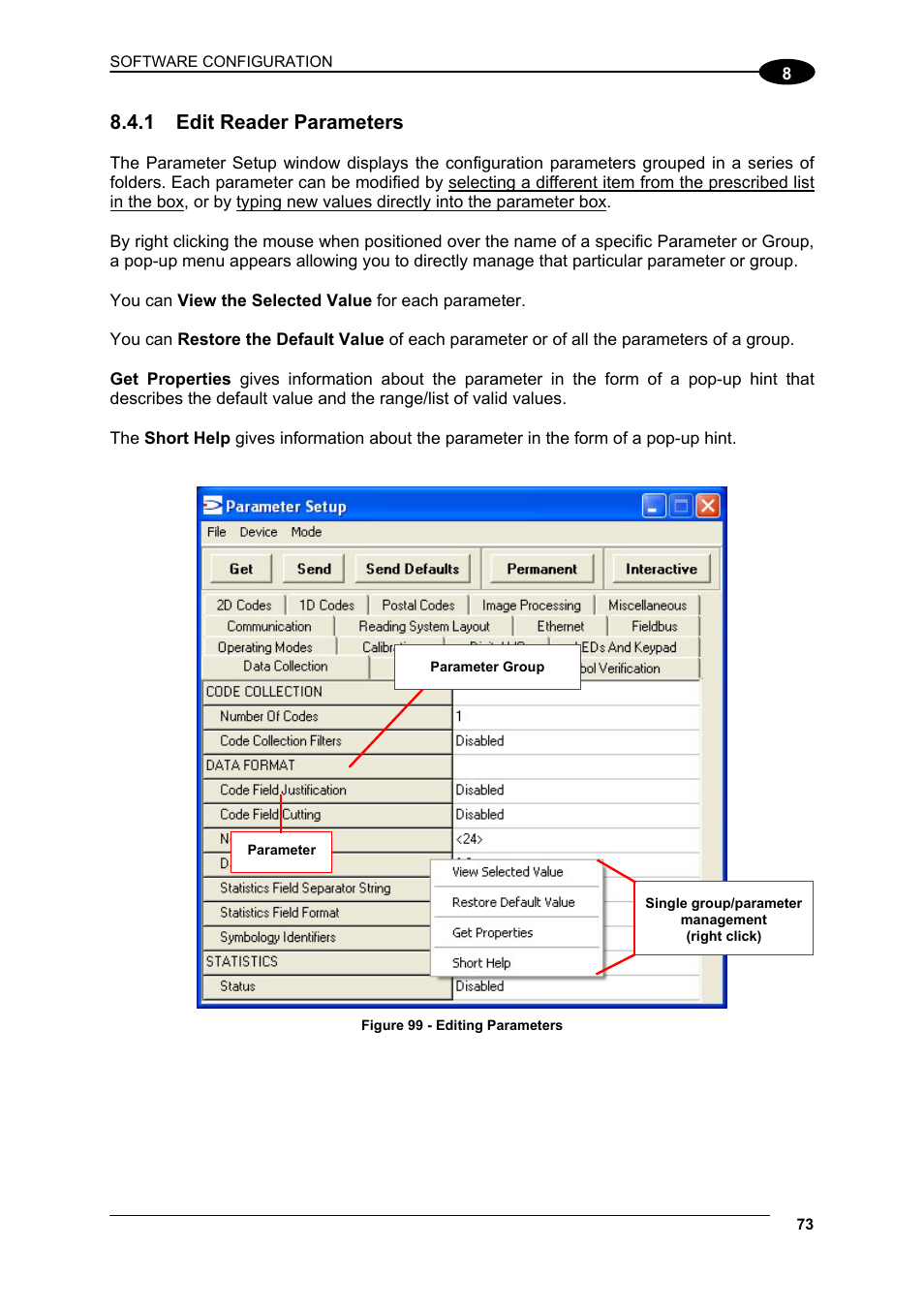 Edit reader parameters, 1 edit reader parameters | Datalogic Scanning Compact 2D Reader Matrix-2000 User Manual | Page 83 / 108