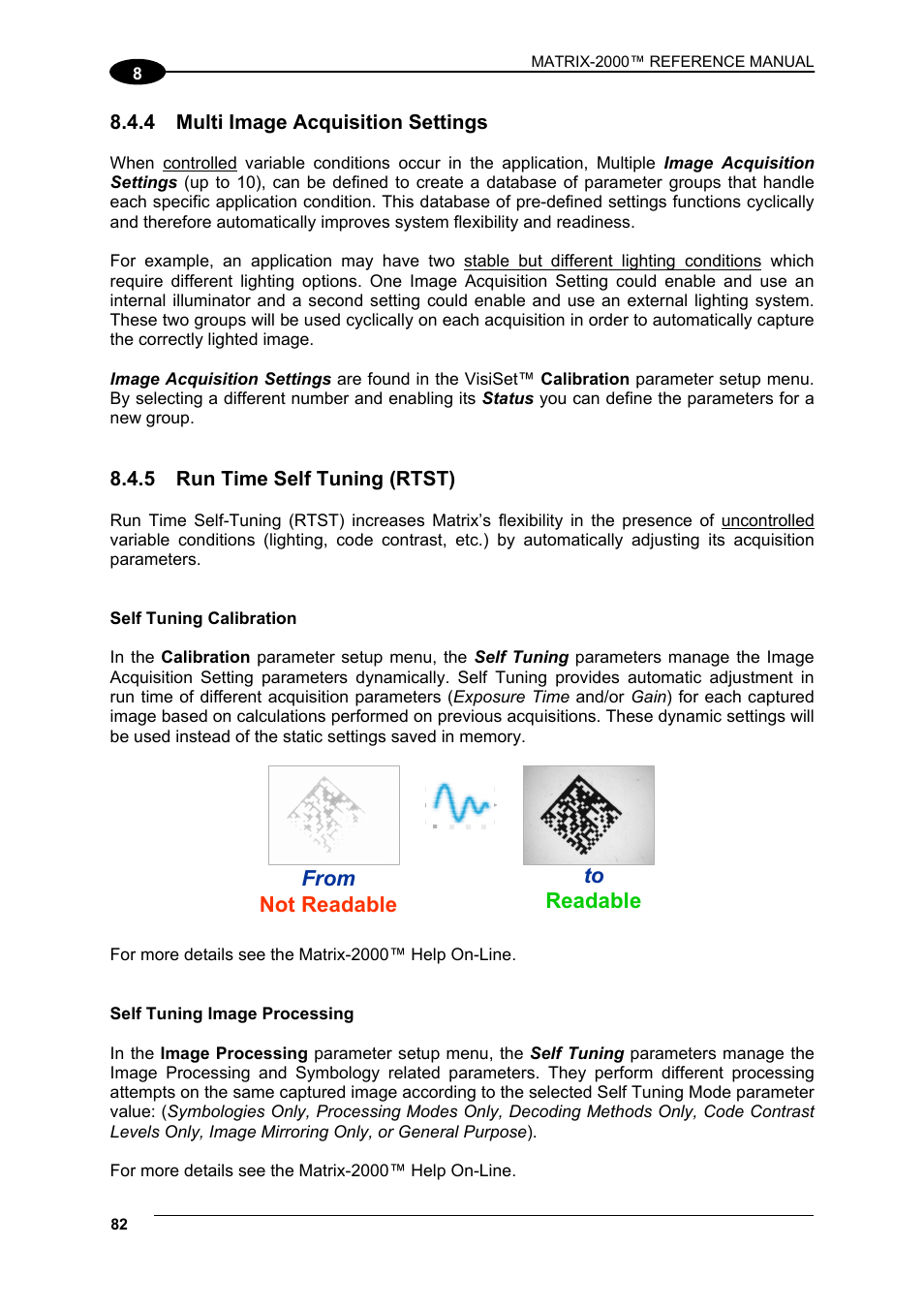 Multi image acquisition settings, Run time self tuning (rtst) | Datalogic Scanning Compact 2D Reader Matrix-2000 User Manual | Page 92 / 108
