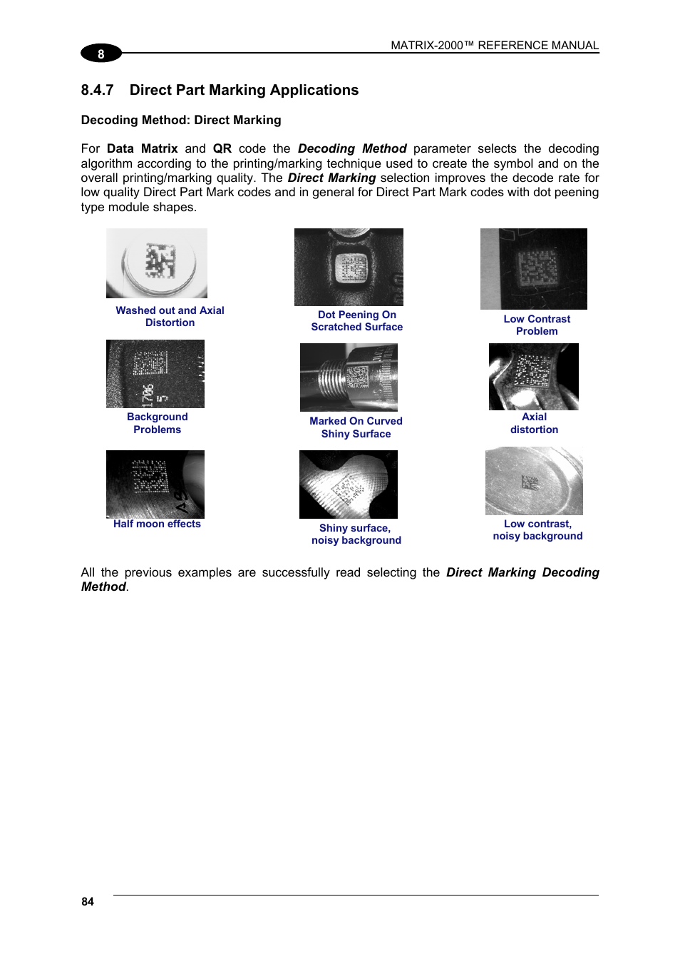 Direct part marking applications, 7 direct part marking applications | Datalogic Scanning Compact 2D Reader Matrix-2000 User Manual | Page 94 / 108