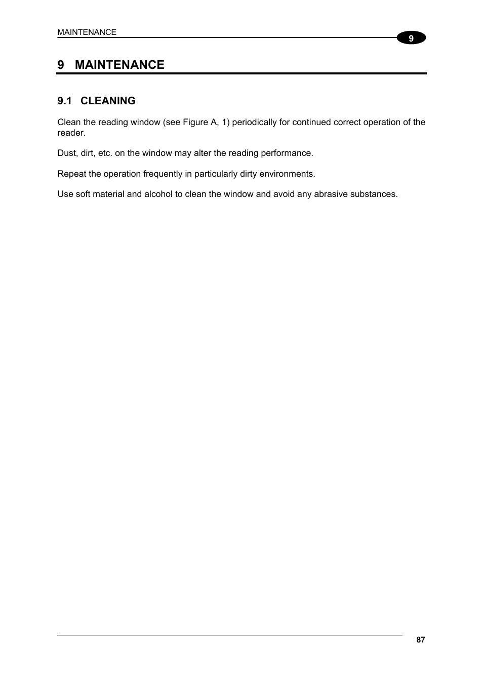 Maintenance, Cleaning, 9 maintenance | Datalogic Scanning Compact 2D Reader Matrix-2000 User Manual | Page 97 / 108