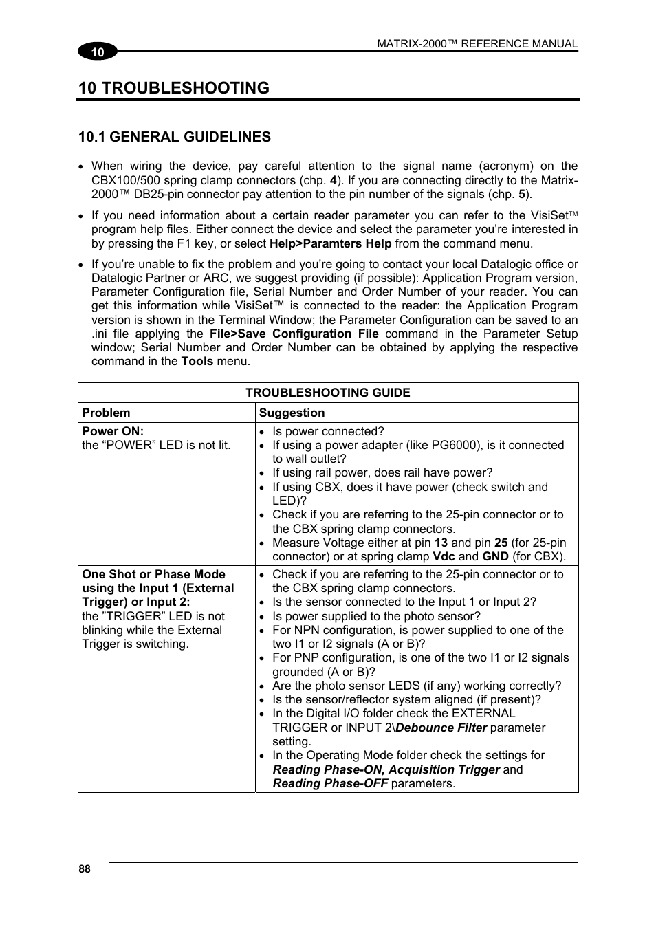 Troubleshooting, General guidelines, 10 troubleshooting | Datalogic Scanning Compact 2D Reader Matrix-2000 User Manual | Page 98 / 108