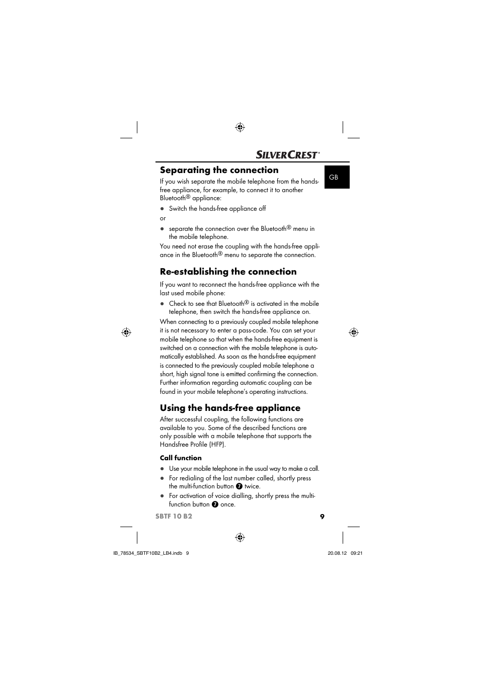 Separating the connection, Re-establishing the connection, Using the hands-free appliance | Silvercrest SBTF 10 B2 User Manual | Page 12 / 75