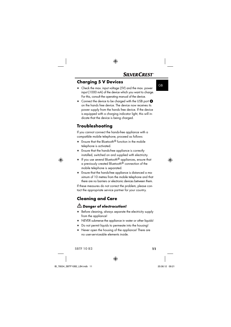 Charging 5 v devices, Troubleshooting, Cleaning and care | Silvercrest SBTF 10 B2 User Manual | Page 14 / 75