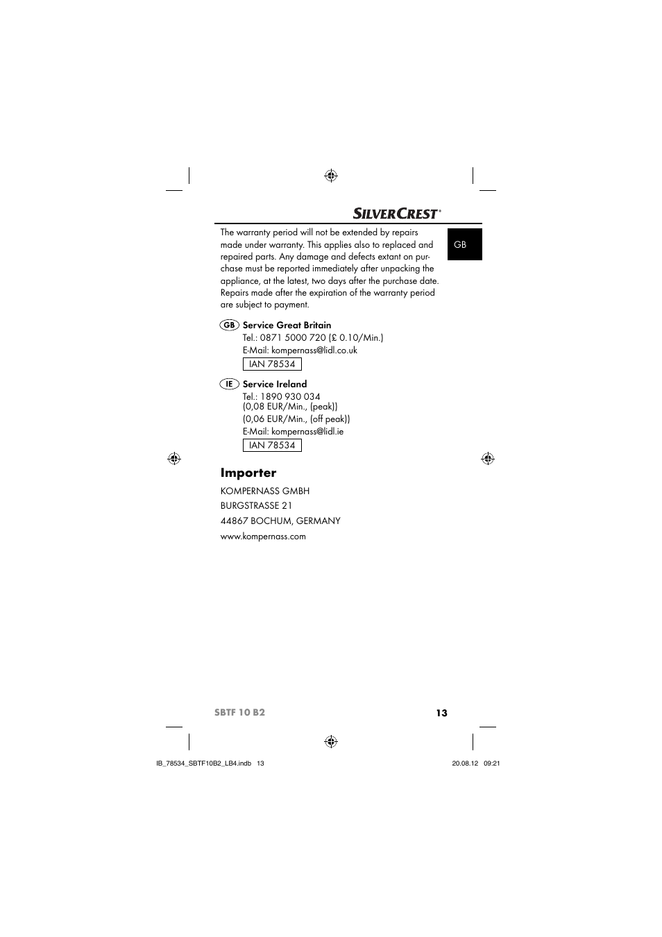 Importer | Silvercrest SBTF 10 B2 User Manual | Page 16 / 75