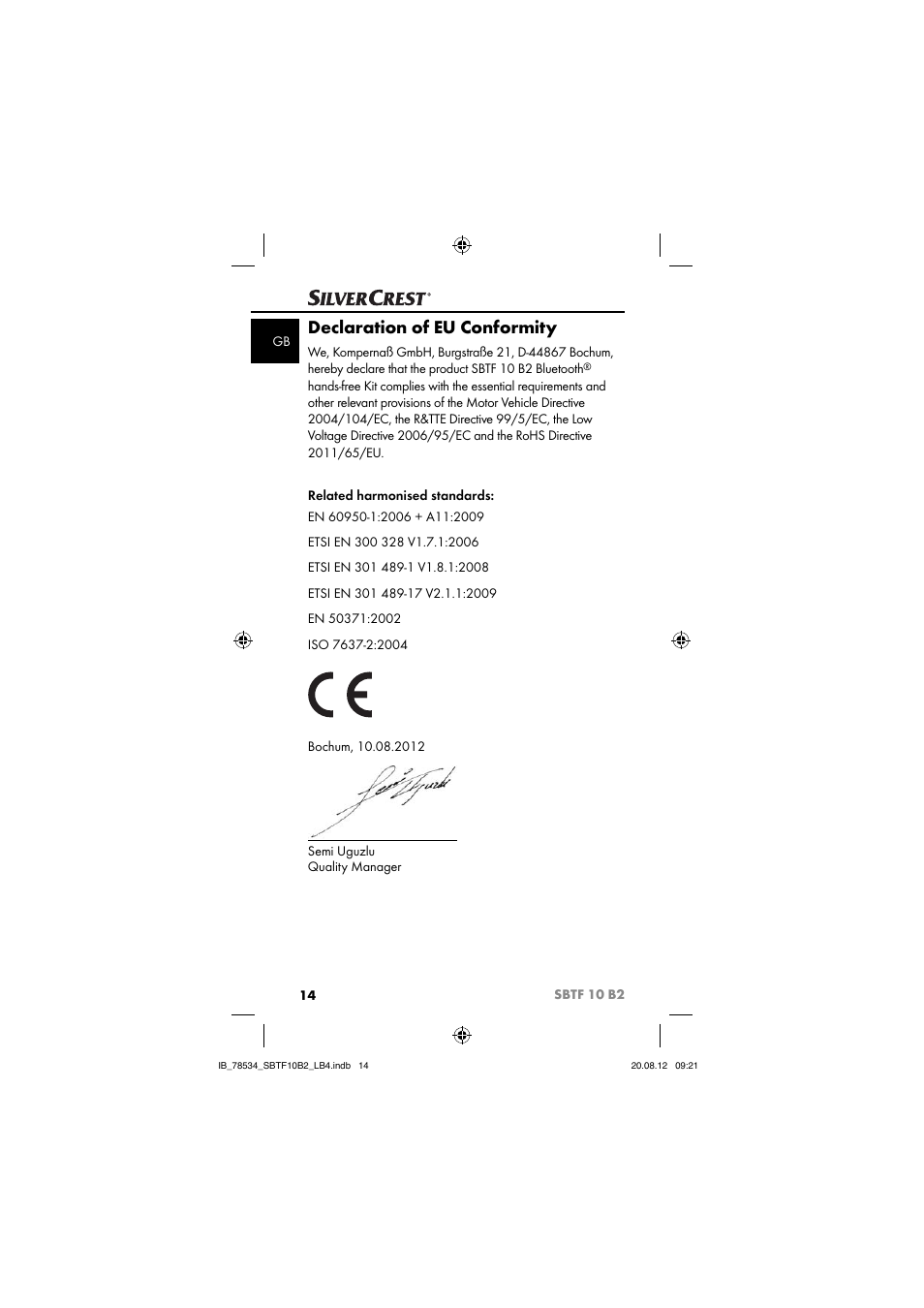 Declaration of eu conformity | Silvercrest SBTF 10 B2 User Manual | Page 17 / 75