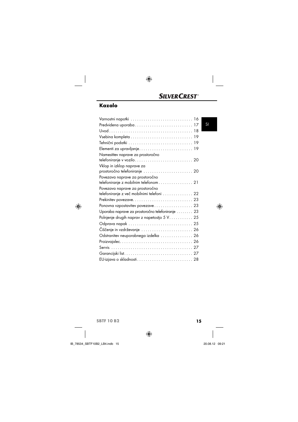 Kazalo | Silvercrest SBTF 10 B2 User Manual | Page 18 / 75