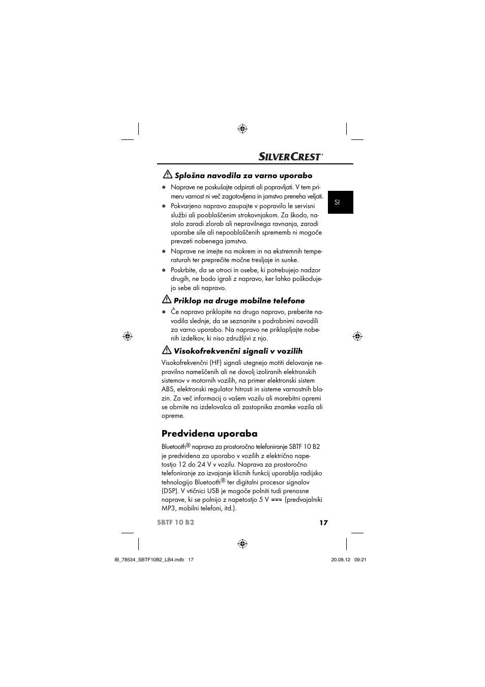 Predvidena uporaba | Silvercrest SBTF 10 B2 User Manual | Page 20 / 75