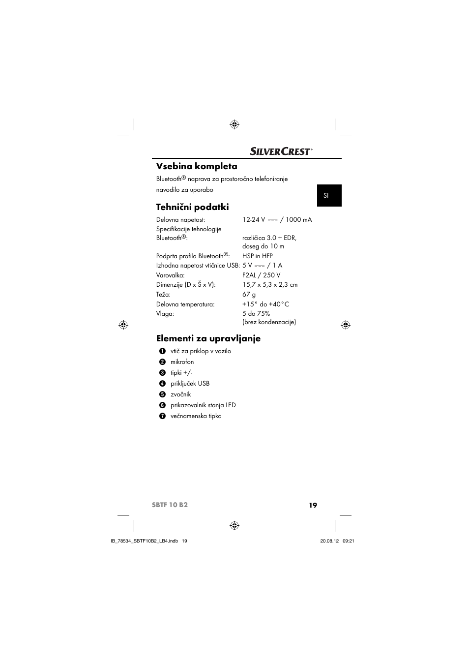 Vsebina kompleta, Tehnični podatki, Elementi za upravljanje | Silvercrest SBTF 10 B2 User Manual | Page 22 / 75