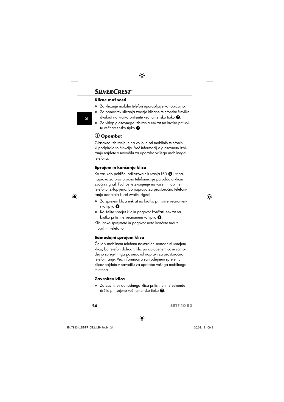 Opomba | Silvercrest SBTF 10 B2 User Manual | Page 27 / 75