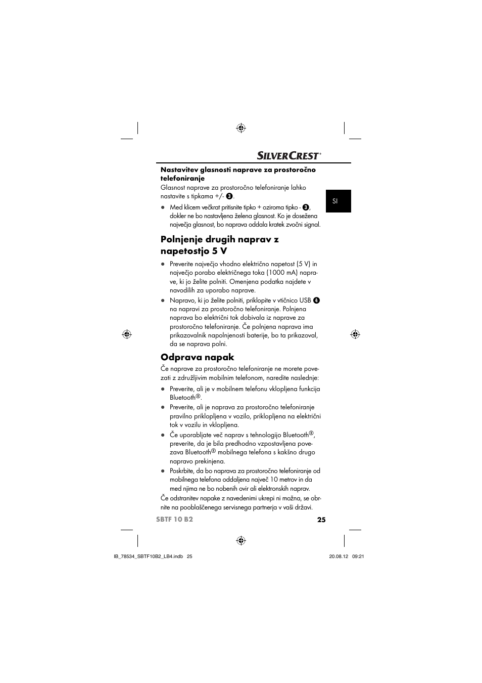 Polnjenje drugih naprav z napetostjo 5 v, Odprava napak | Silvercrest SBTF 10 B2 User Manual | Page 28 / 75