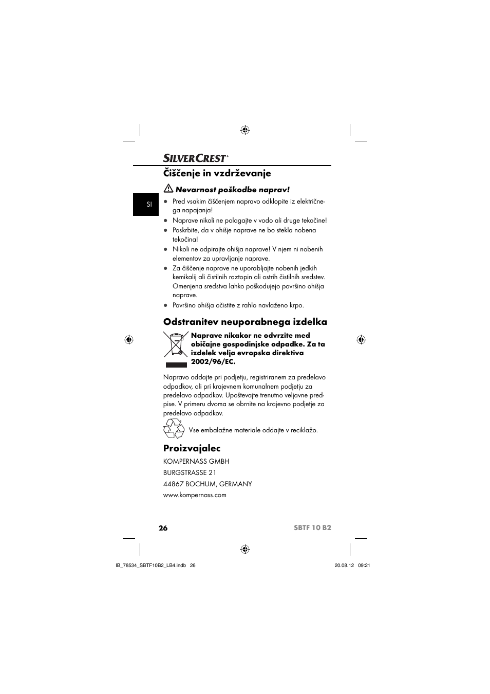 Čiščenje in vzdrževanje, Odstranitev neuporabnega izdelka, Proizvajalec | Silvercrest SBTF 10 B2 User Manual | Page 29 / 75
