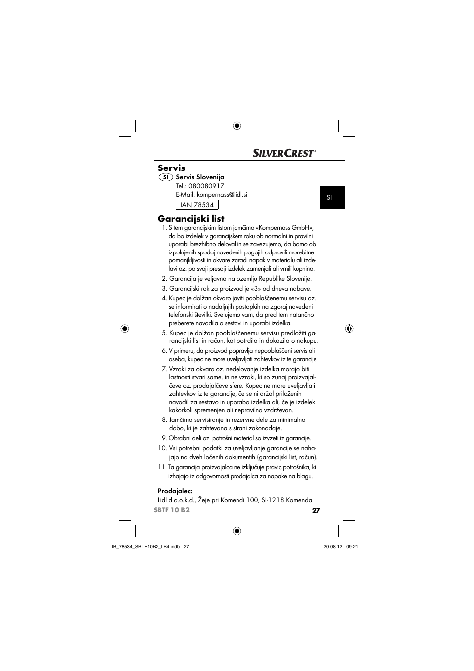 Servis, Garancijski list | Silvercrest SBTF 10 B2 User Manual | Page 30 / 75