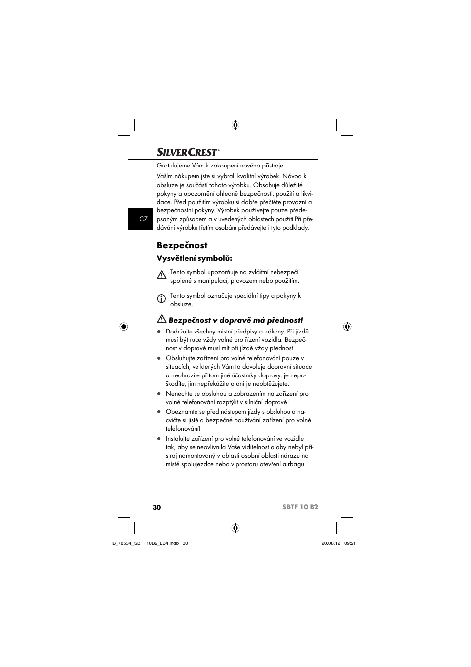 Bezpečnost, Vysvětlení symbolů, Bezpečnost v dopravě má přednost | Silvercrest SBTF 10 B2 User Manual | Page 33 / 75