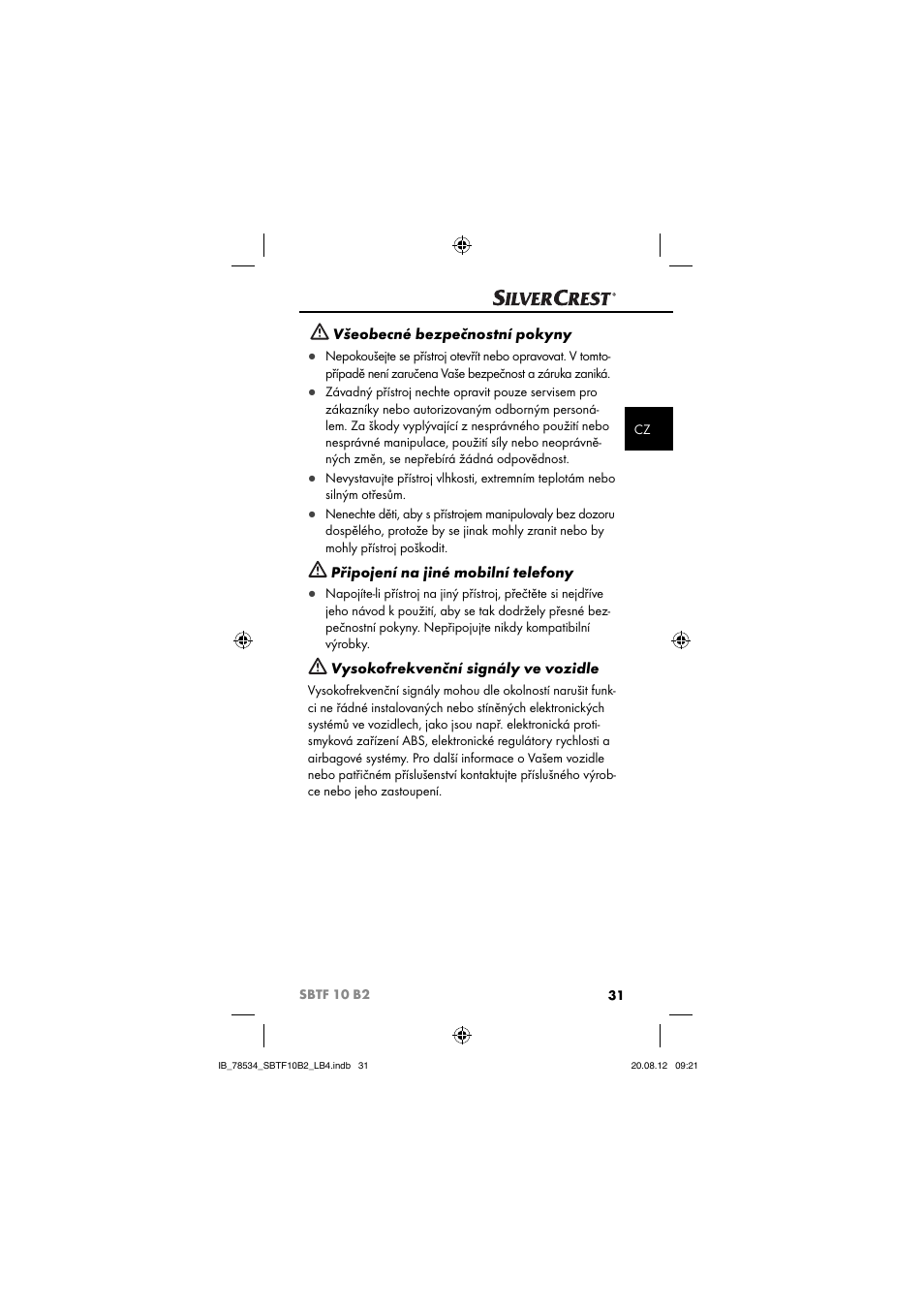 Všeobecné bezpečnostní pokyny, Připojení na jiné mobilní telefony, Vysokofrekvenční signály ve vozidle | Silvercrest SBTF 10 B2 User Manual | Page 34 / 75