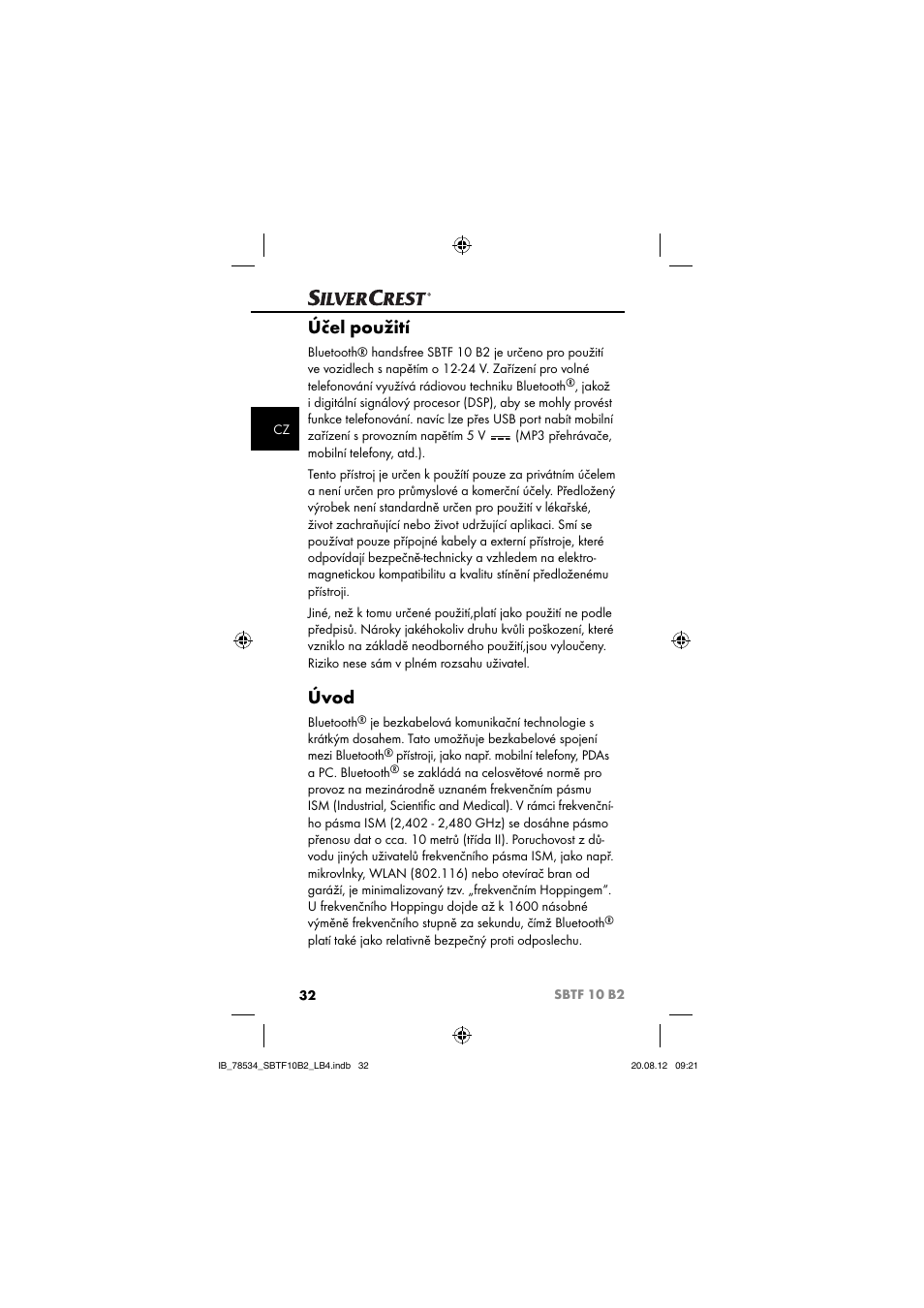 Účel použití, Úvod | Silvercrest SBTF 10 B2 User Manual | Page 35 / 75