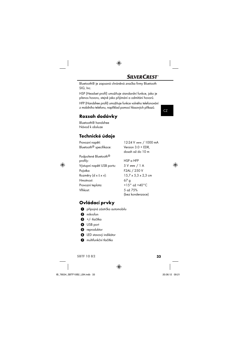 Rozsah dodávky, Technické údaje, Ovládací prvky | Silvercrest SBTF 10 B2 User Manual | Page 36 / 75