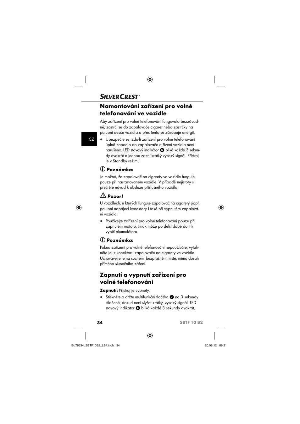 Zapnutí a vypnutí zařízení pro volné telefonování | Silvercrest SBTF 10 B2 User Manual | Page 37 / 75
