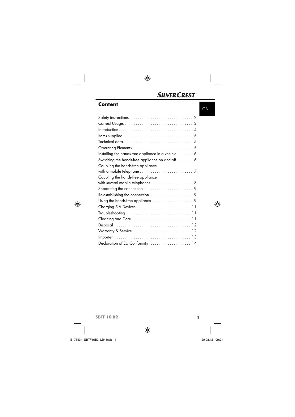 Content | Silvercrest SBTF 10 B2 User Manual | Page 4 / 75