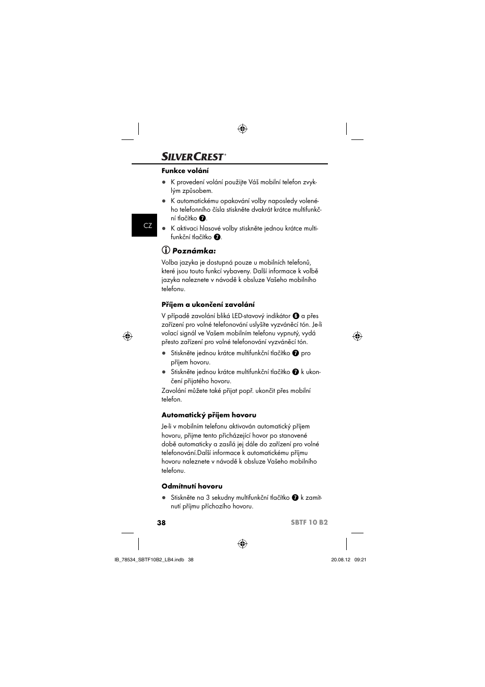 Poznámka | Silvercrest SBTF 10 B2 User Manual | Page 41 / 75