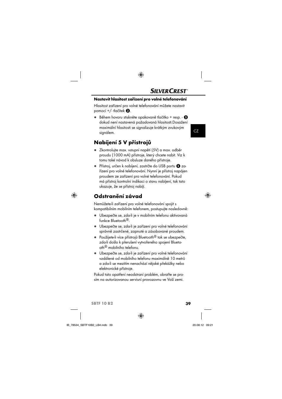 Nabíjení 5 v přístrojů, Odstranění závad | Silvercrest SBTF 10 B2 User Manual | Page 42 / 75
