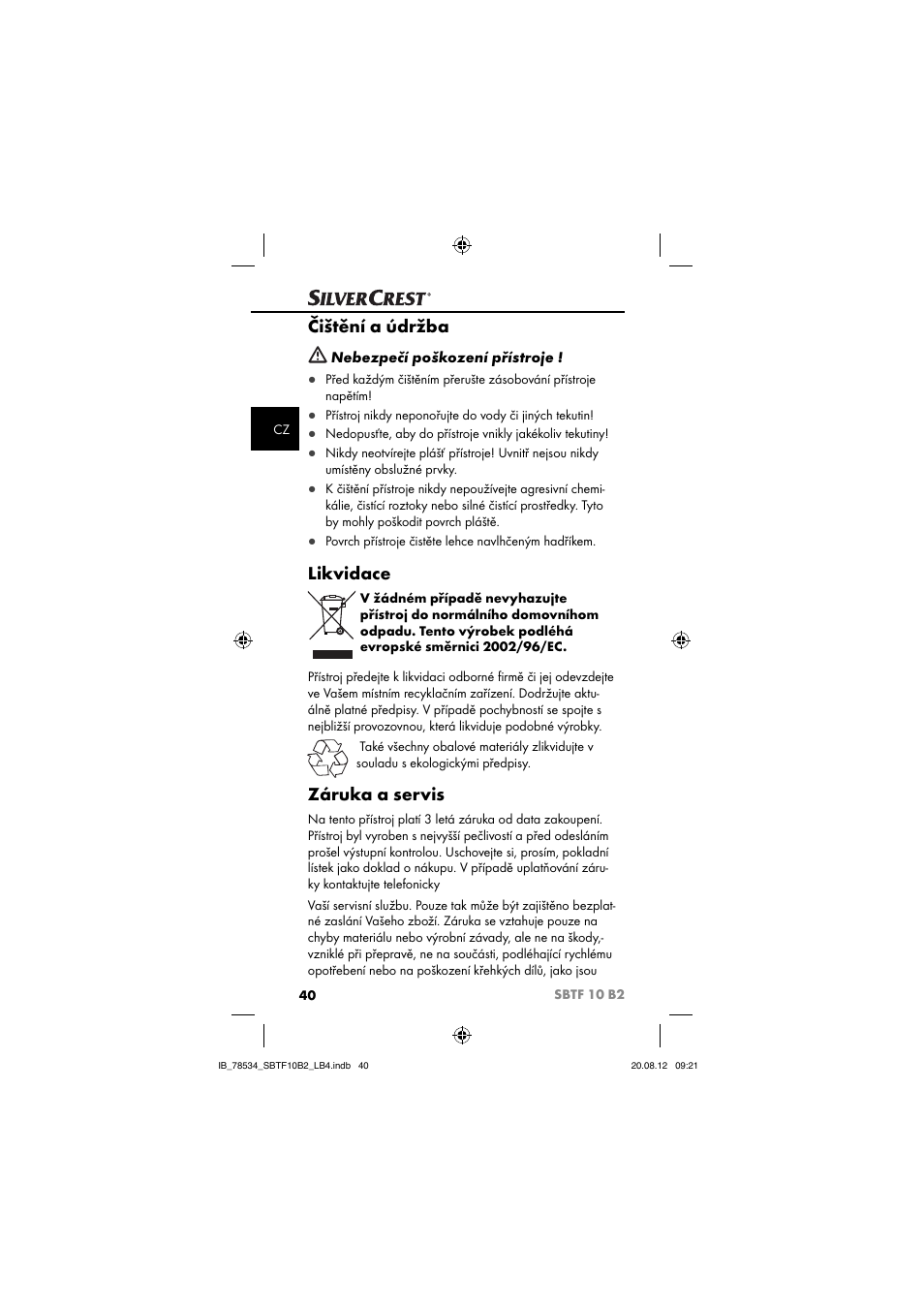 Čištění a údržba, Likvidace, Záruka a servis | Silvercrest SBTF 10 B2 User Manual | Page 43 / 75