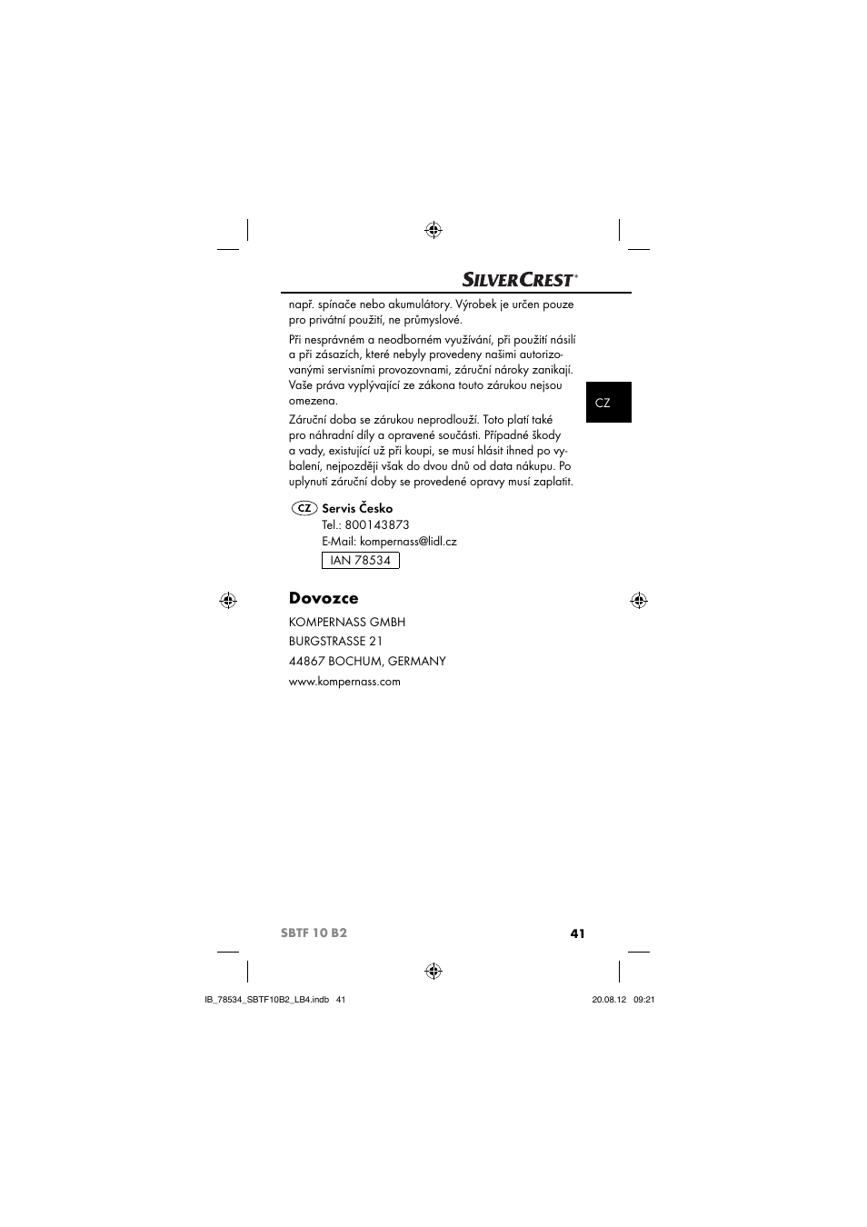 Dovozce | Silvercrest SBTF 10 B2 User Manual | Page 44 / 75