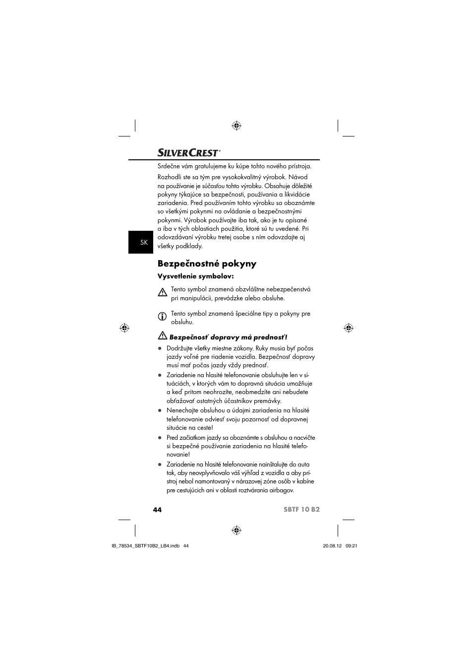 Bezpečnostné pokyny | Silvercrest SBTF 10 B2 User Manual | Page 47 / 75