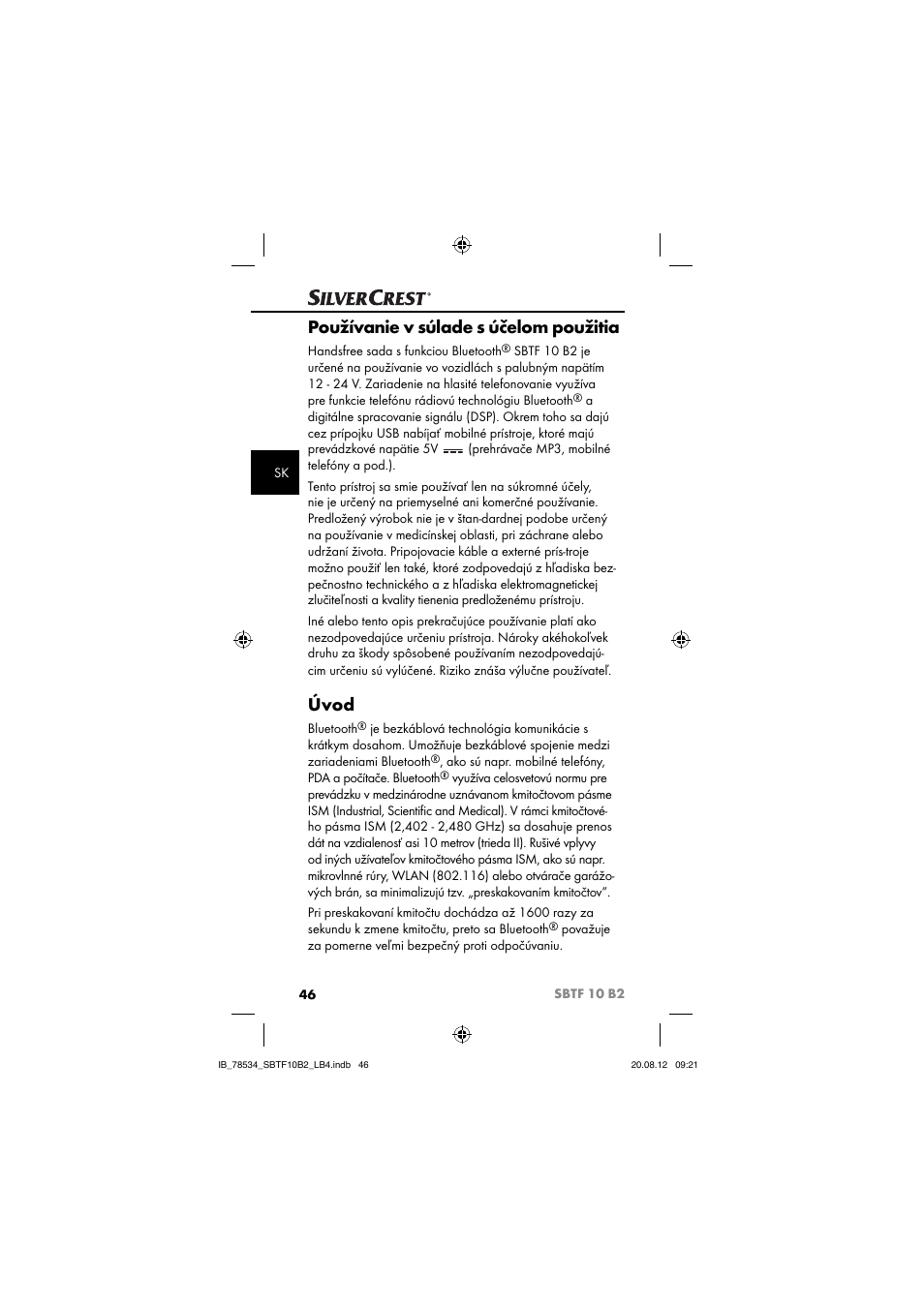 Používanie v súlade s účelom použitia, Úvod | Silvercrest SBTF 10 B2 User Manual | Page 49 / 75
