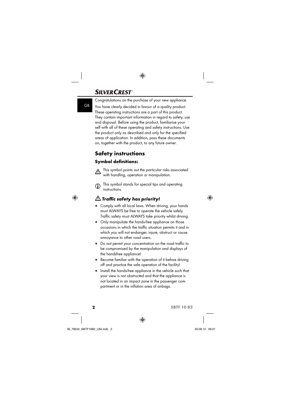 Safety instructions, Symbol deﬁ nitions, Traﬃ c safety has priority | Silvercrest SBTF 10 B2 User Manual | Page 5 / 75
