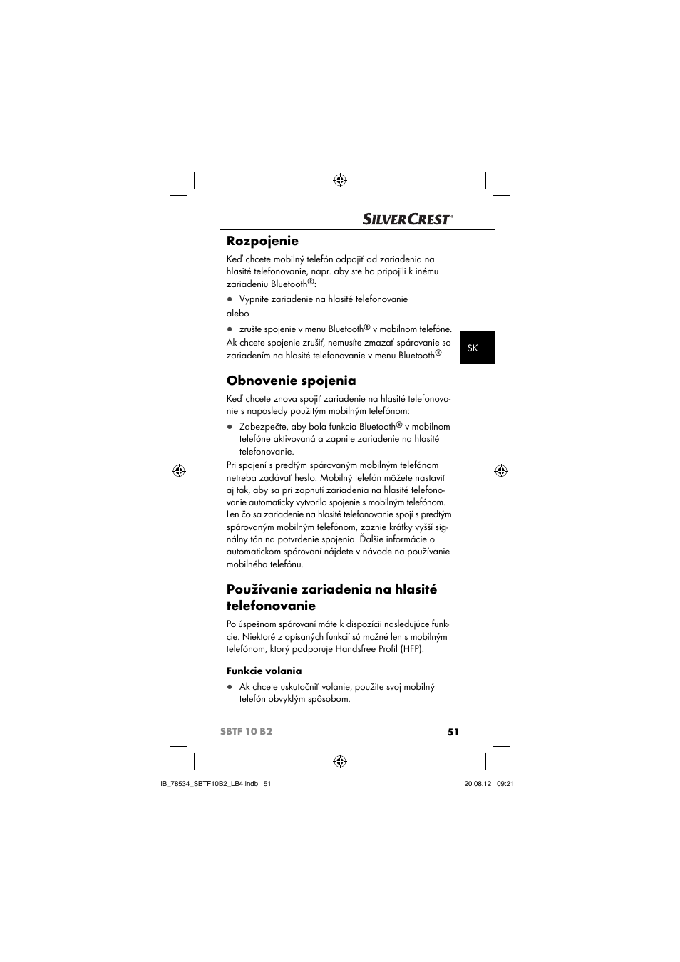 Rozpojenie, Obnovenie spojenia, Používanie zariadenia na hlasité telefonovanie | Silvercrest SBTF 10 B2 User Manual | Page 54 / 75