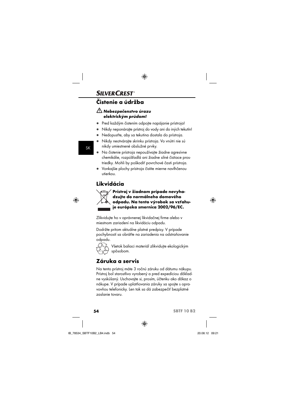 Čistenie a údržba, Likvidácia, Záruka a servis | Silvercrest SBTF 10 B2 User Manual | Page 57 / 75