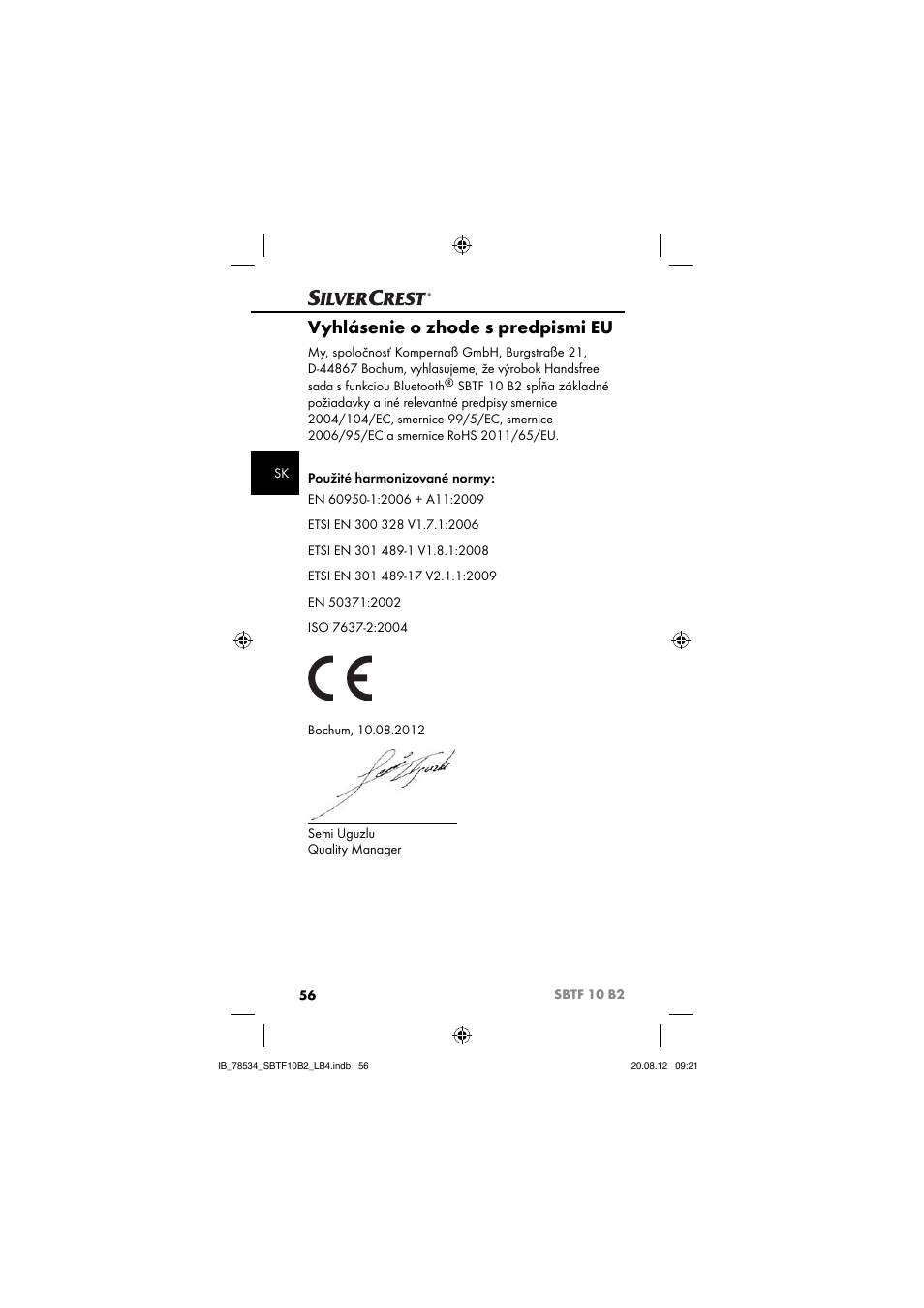 Vyhlásenie o zhode s predpismi eu | Silvercrest SBTF 10 B2 User Manual | Page 59 / 75