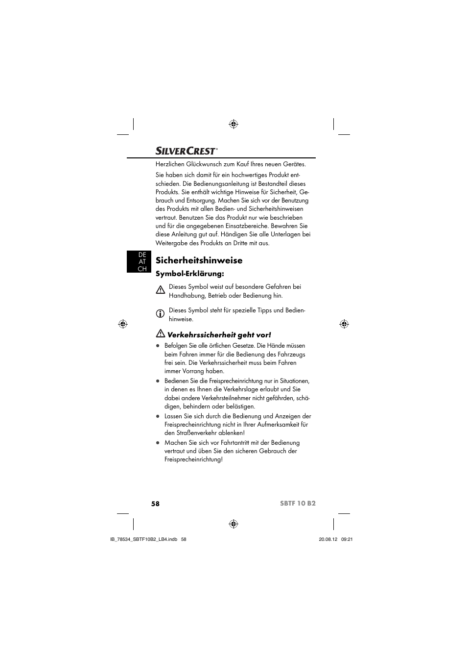 Sicherheitshinweise, Symbol-erklärung, Verkehrssicherheit geht vor | Silvercrest SBTF 10 B2 User Manual | Page 61 / 75
