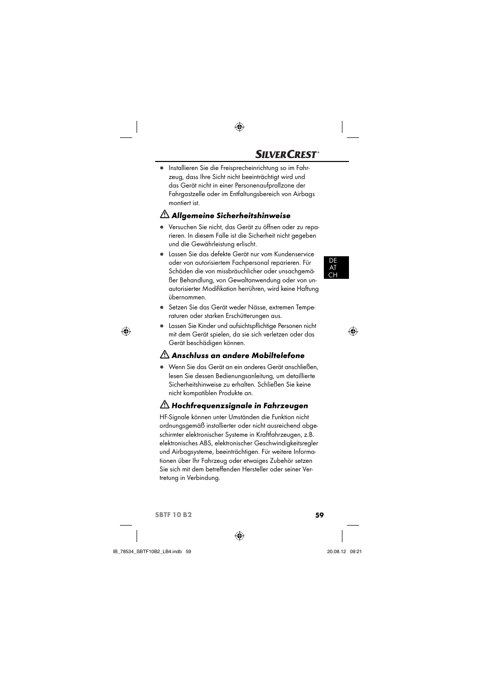 Allgemeine sicherheitshinweise, Anschluss an andere mobiltelefone, Hochfrequenzsignale in fahrzeugen | Silvercrest SBTF 10 B2 User Manual | Page 62 / 75