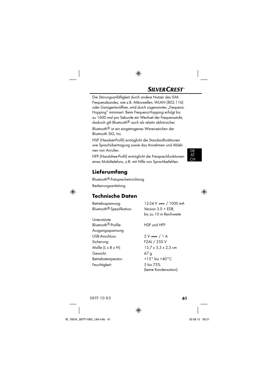 Lieferumfang, Technische daten | Silvercrest SBTF 10 B2 User Manual | Page 64 / 75