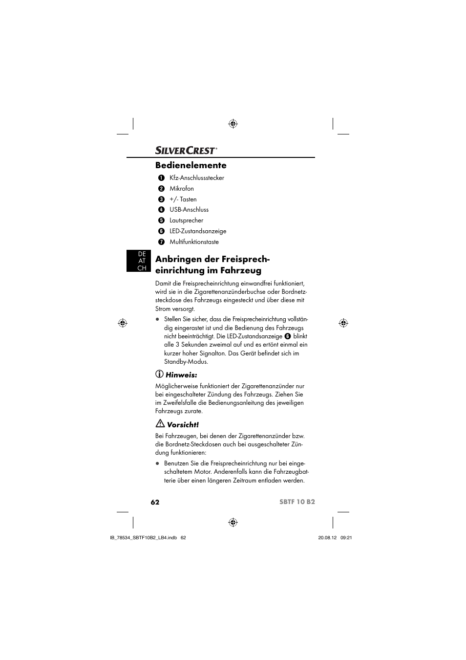 Bedienelemente, Anbringen der freisprech- einrichtung im fahrzeug | Silvercrest SBTF 10 B2 User Manual | Page 65 / 75
