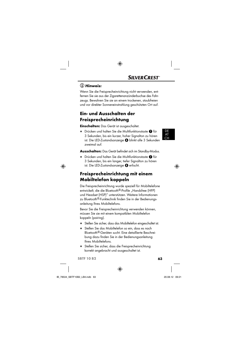 Ein- und ausschalten der freisprecheinrichtung, Hinweis | Silvercrest SBTF 10 B2 User Manual | Page 66 / 75