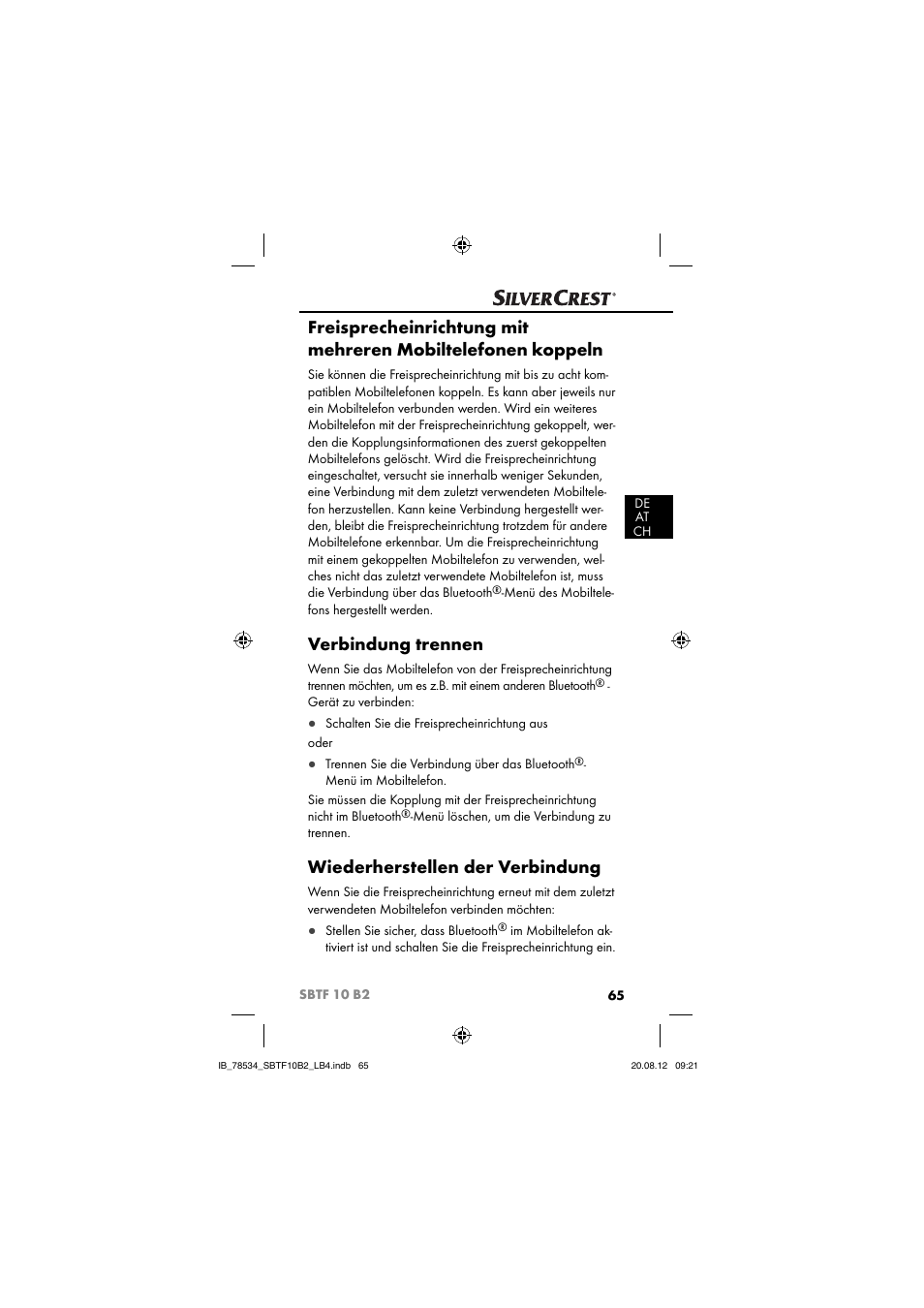 Verbindung trennen, Wiederherstellen der verbindung | Silvercrest SBTF 10 B2 User Manual | Page 68 / 75