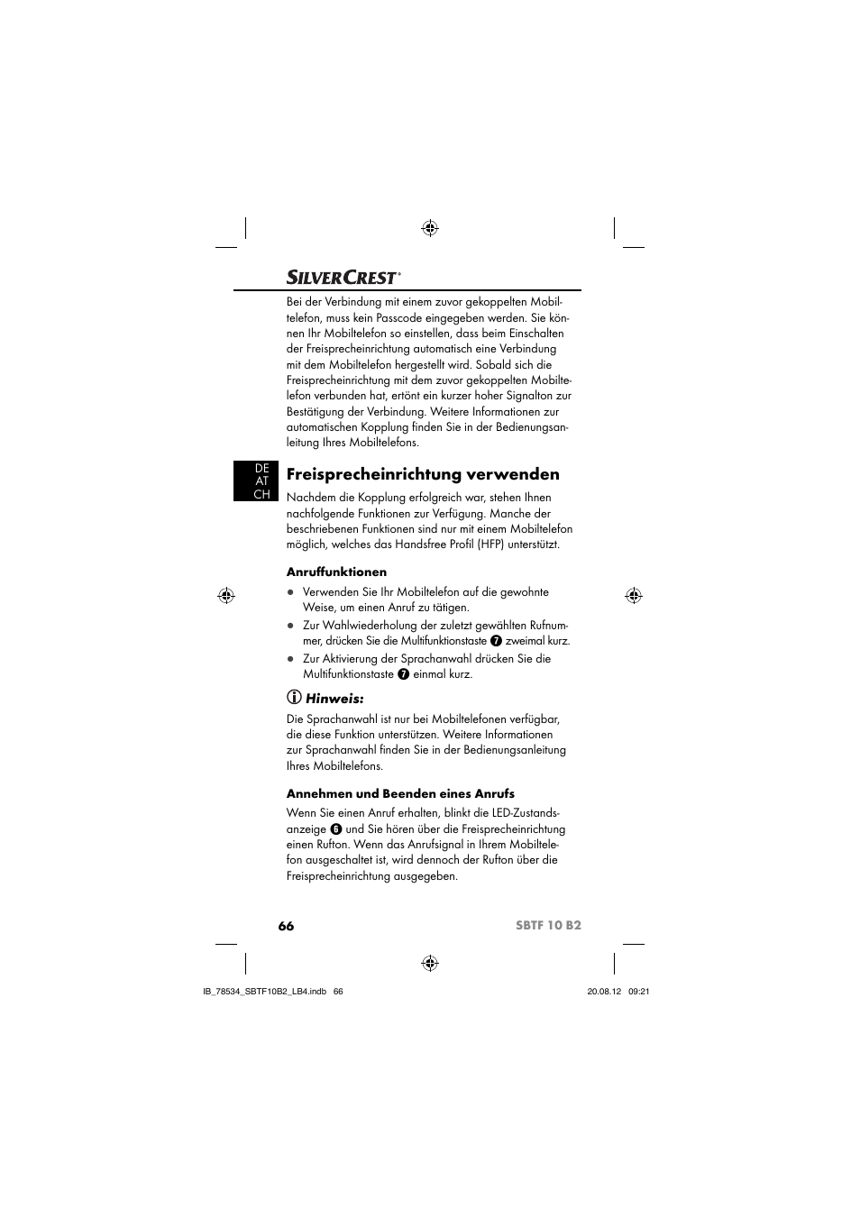 Freisprecheinrichtung verwenden, Hinweis | Silvercrest SBTF 10 B2 User Manual | Page 69 / 75