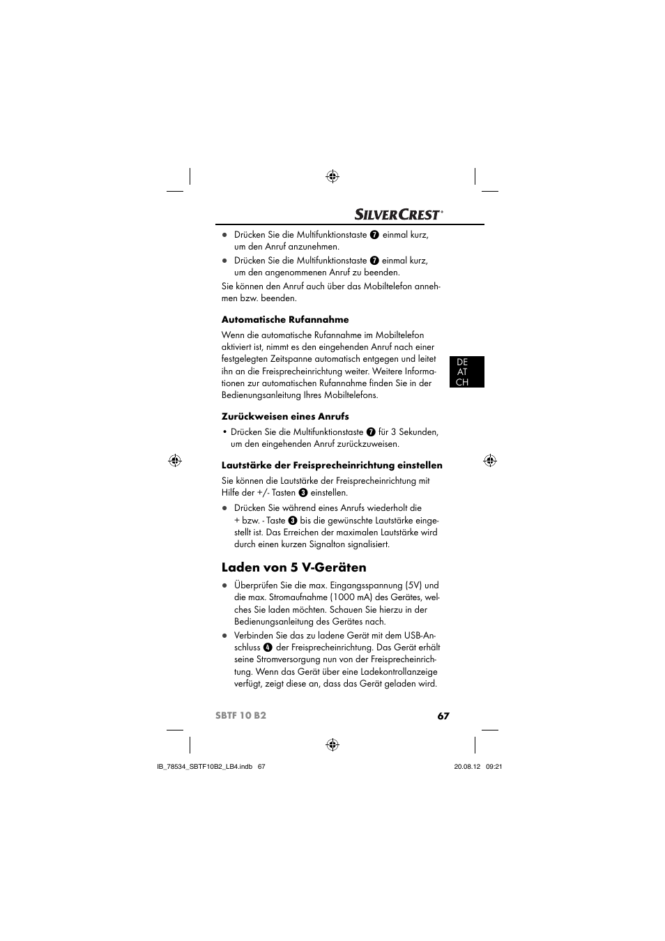 Laden von 5 v-geräten | Silvercrest SBTF 10 B2 User Manual | Page 70 / 75