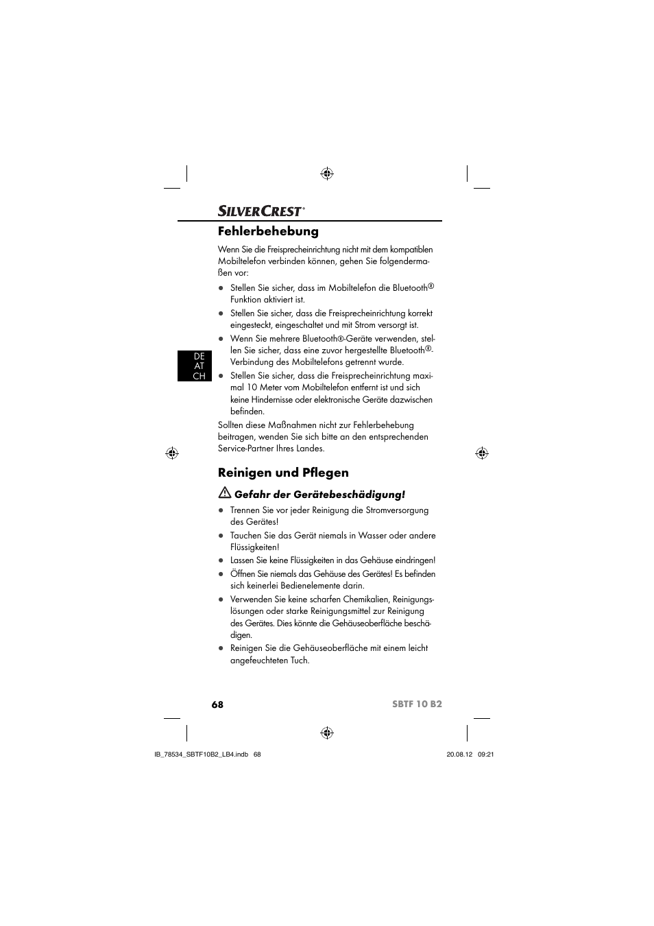 Fehlerbehebung, Reinigen und pﬂ egen | Silvercrest SBTF 10 B2 User Manual | Page 71 / 75