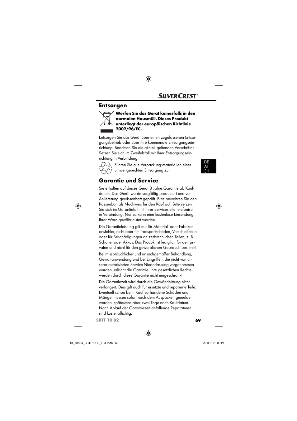 Entsorgen, Garantie und service | Silvercrest SBTF 10 B2 User Manual | Page 72 / 75