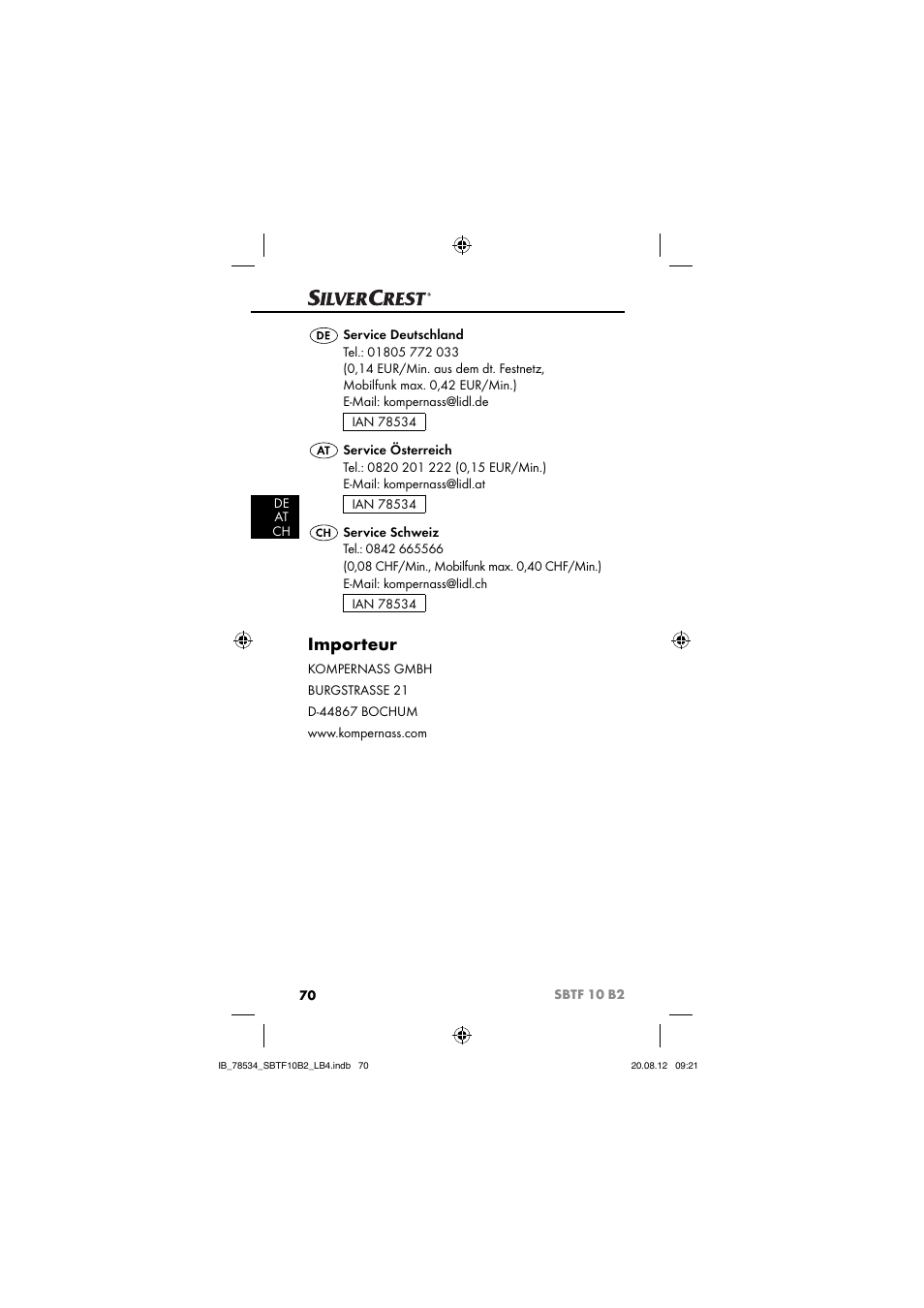 Importeur | Silvercrest SBTF 10 B2 User Manual | Page 73 / 75